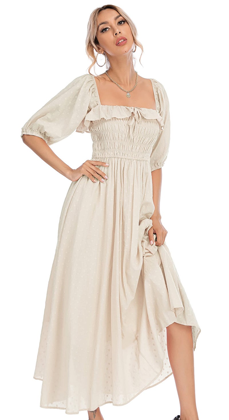 R.Vivimos Women Summer Half Sleeve Cotton Ruffled Vintage Elegant Backless A Line Flowy Long Dresses (Medium, Beige-1) - Image 2